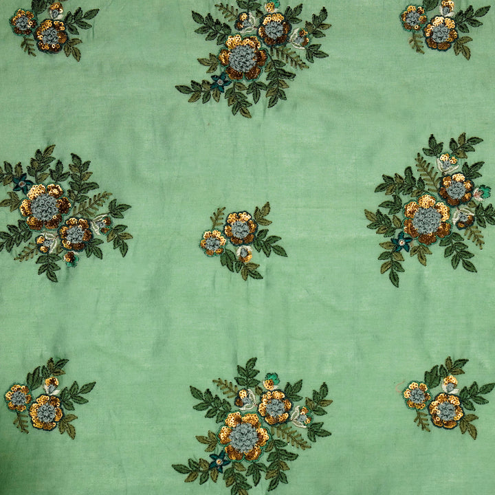 Pushti Buta on Forest Green Luxe Silk Chanderi Embroidered Fabric