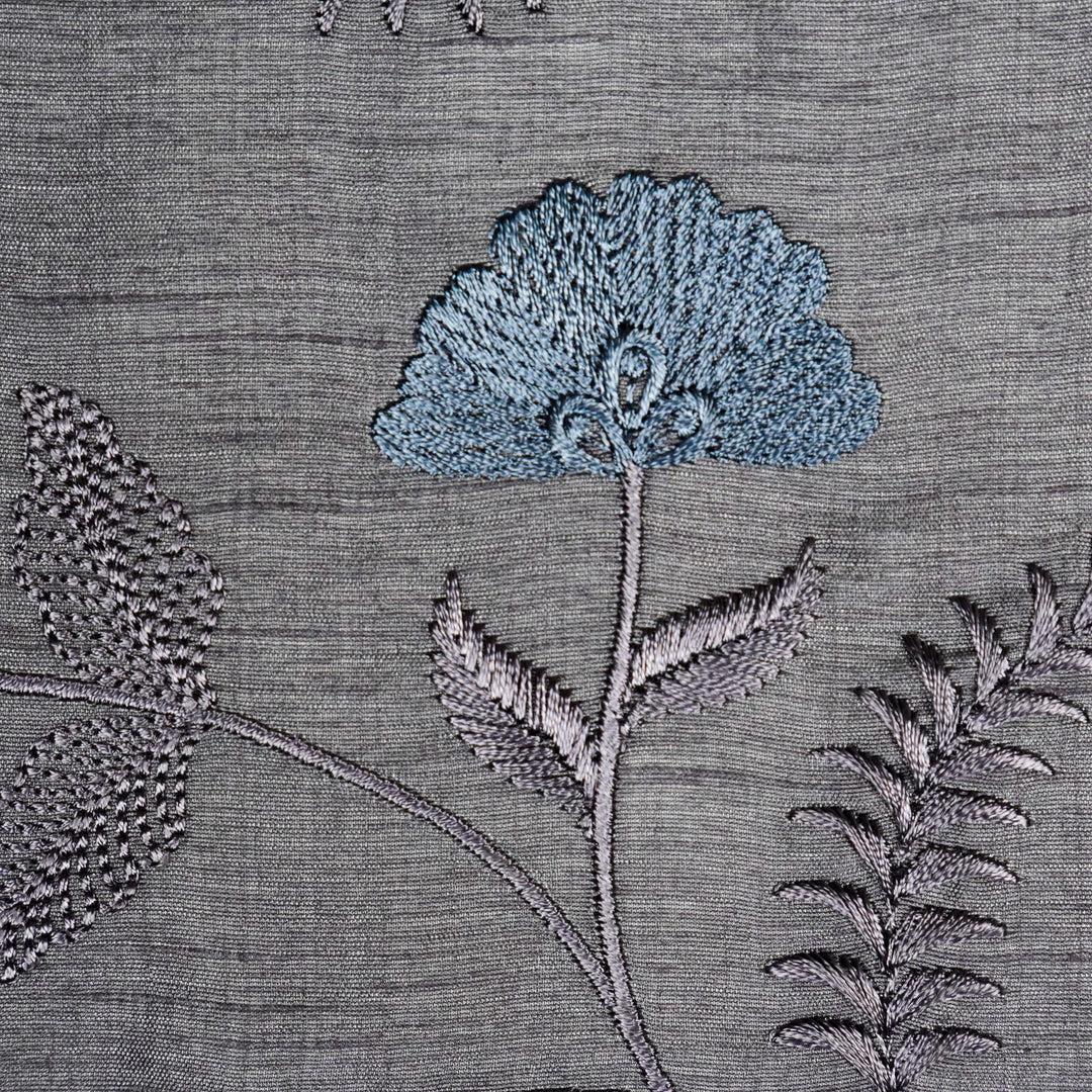 Azin Jaal on Steel Grey Semi Raw Silk Embroidered Fabric