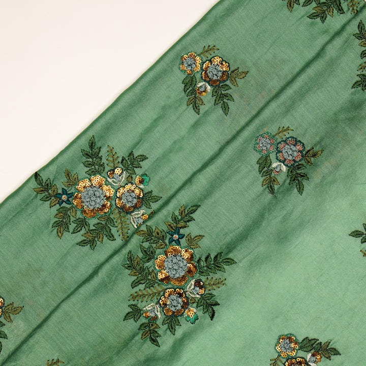 Pushti Buta on Forest Green Luxe Silk Chanderi Embroidered Fabric
