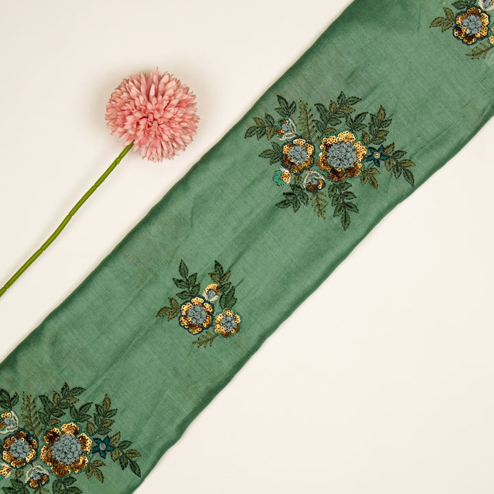 Pushti Buta on Forest Green Luxe Silk Chanderi Embroidered Fabric