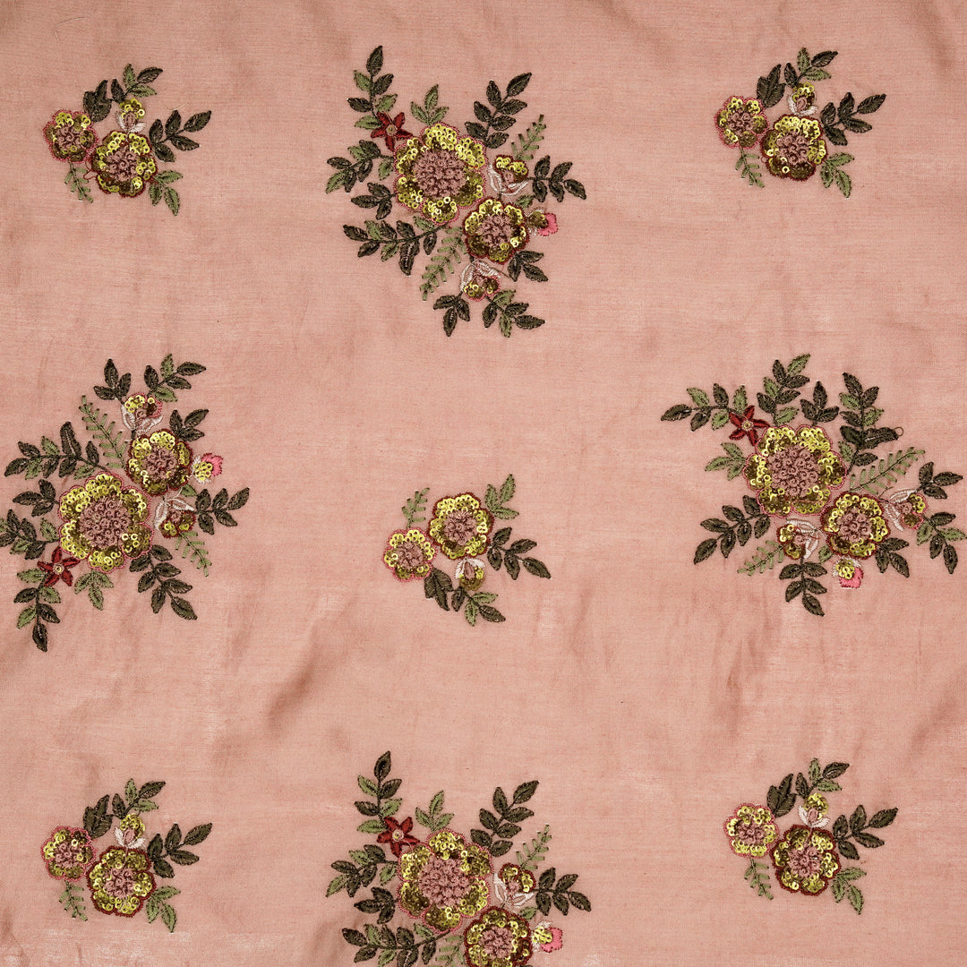 Pushti Buta on Onion Pink Luxe Silk Chanderi Embroidered Fabric