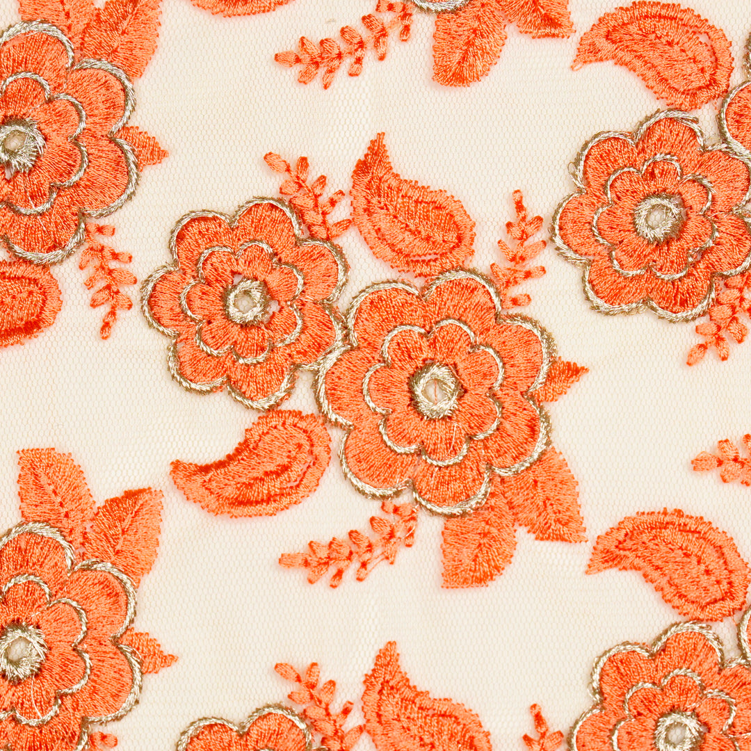 Niya Flower Jaal on Peach Net Embroidered Fabric