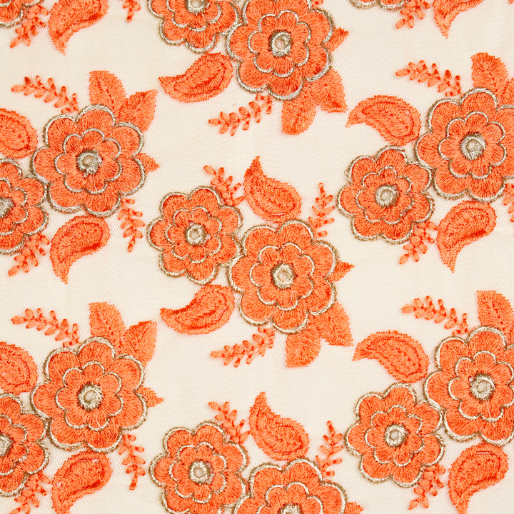 Niya Flower Jaal on Peach Net Embroidered Fabric