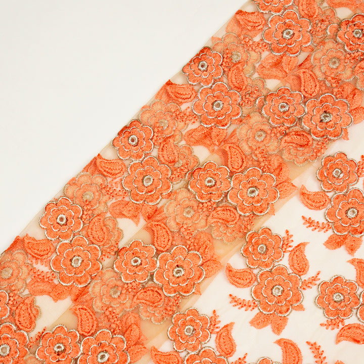 Niya Flower Jaal on Peach Net Embroidered Fabric