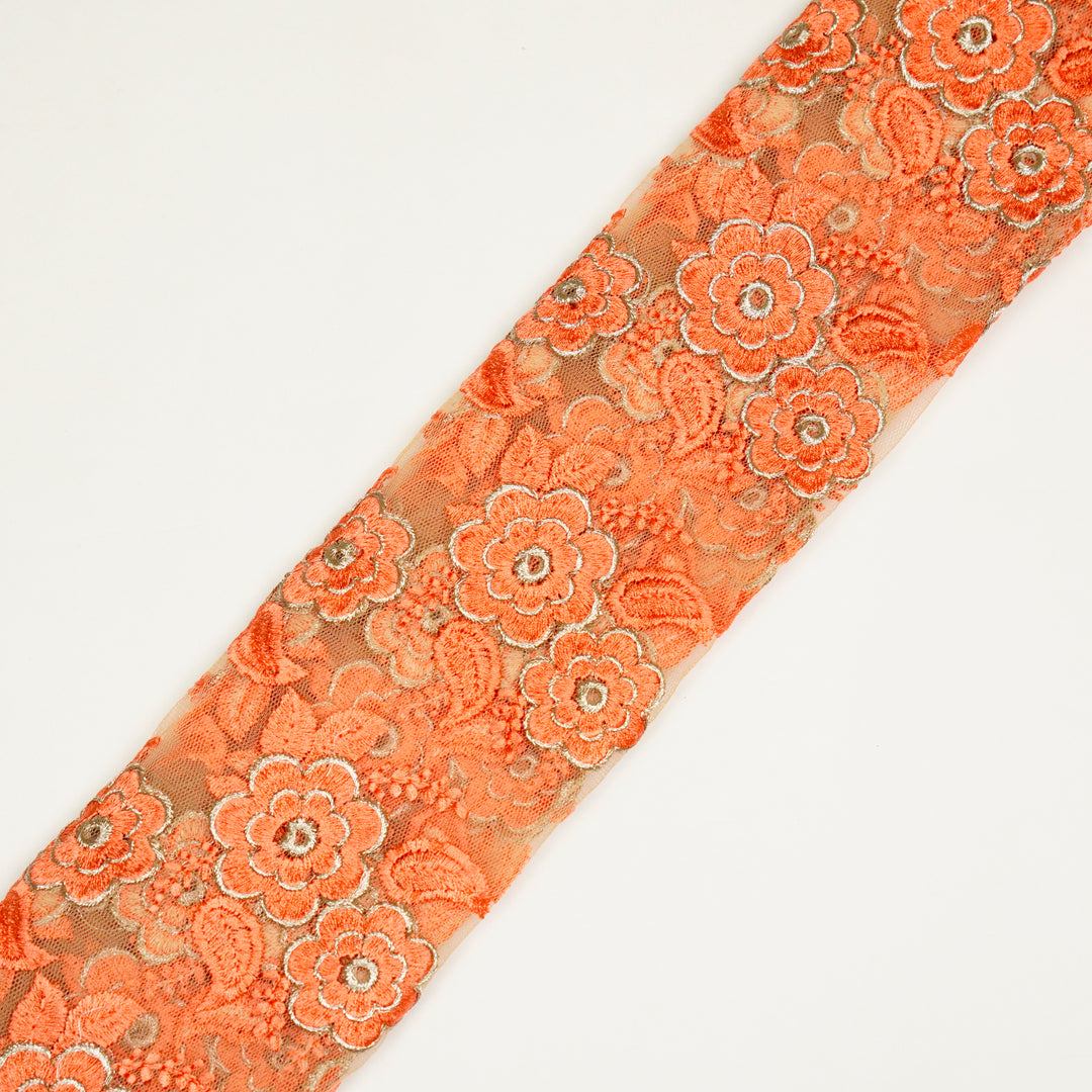 Niya Flower Jaal on Peach Net Embroidered Fabric