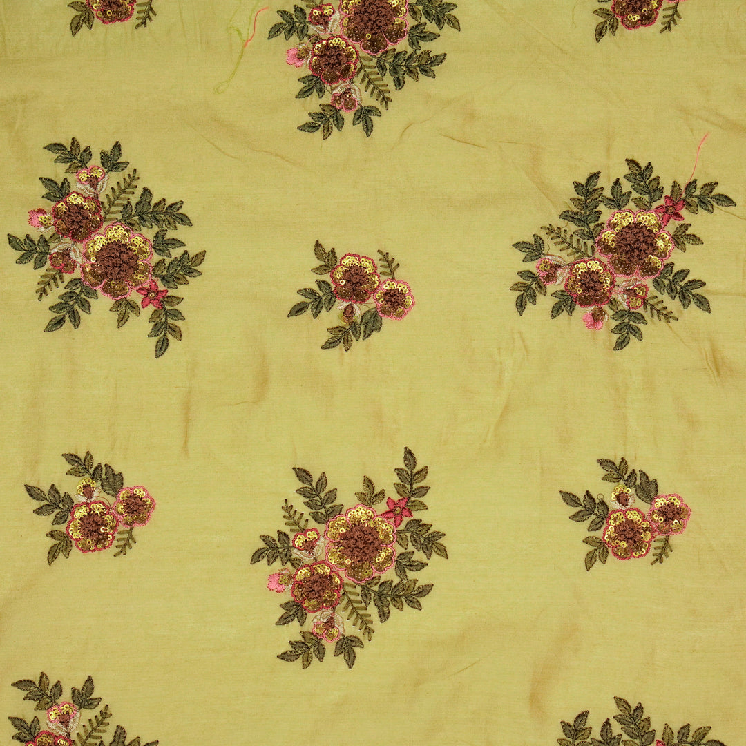 Pushti Buta on Dusky Gold Luxe Silk Chanderi Embroidered Fabric