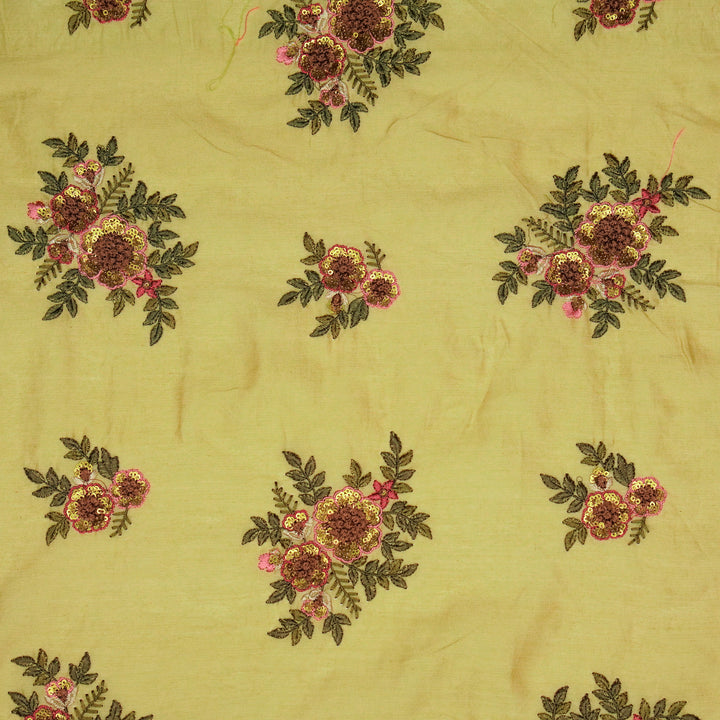 Pushti Buta on Dusky Gold Luxe Silk Chanderi Embroidered Fabric