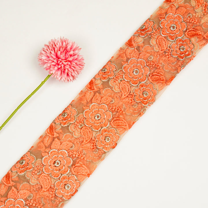 Niya Flower Jaal on Peach Net Embroidered Fabric