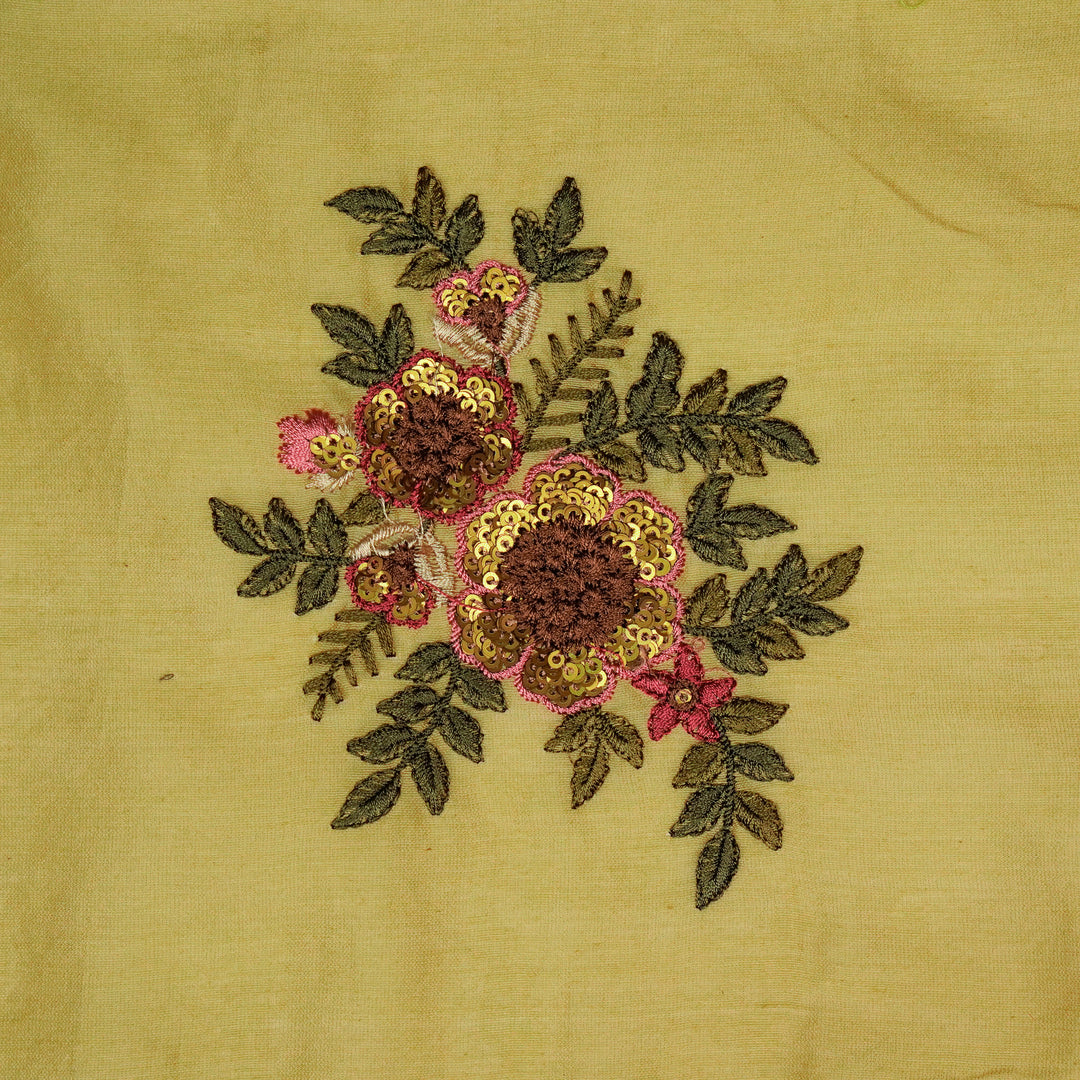 Pushti Buta on Dusky Gold Luxe Silk Chanderi Embroidered Fabric