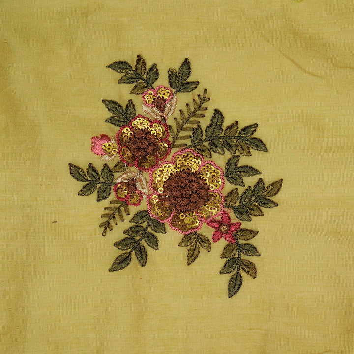 Pushti Buta on Dusky Gold Luxe Silk Chanderi Embroidered Fabric