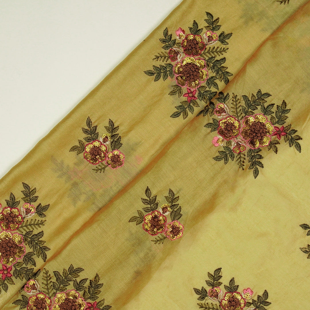 Pushti Buta on Dusky Gold Luxe Silk Chanderi Embroidered Fabric