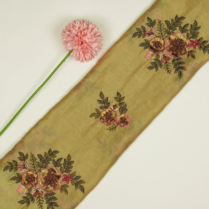 Pushti Buta on Dusky Gold Luxe Silk Chanderi Embroidered Fabric