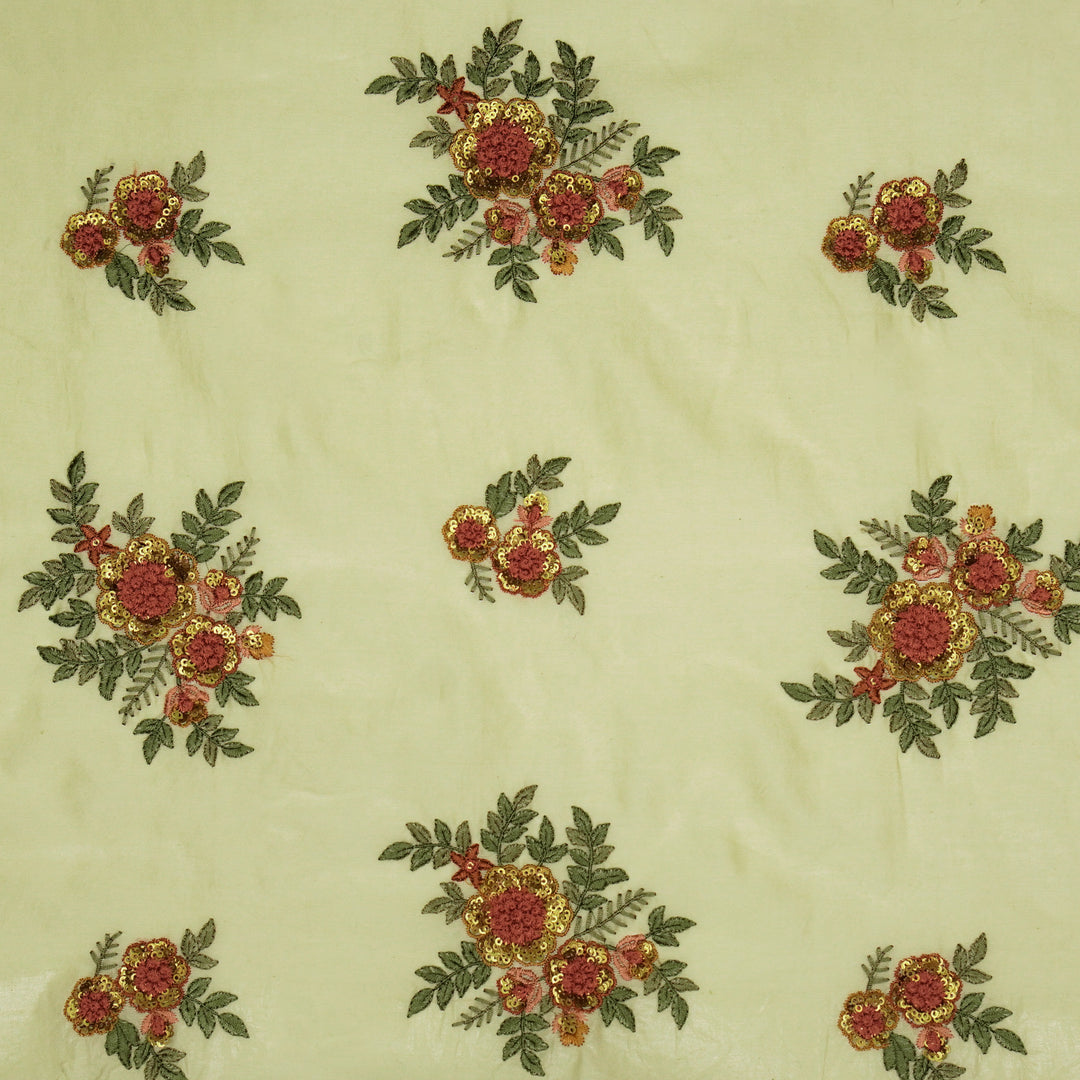 Pushti Buta on Cream Luxe Silk Chanderi Embroidered Fabric