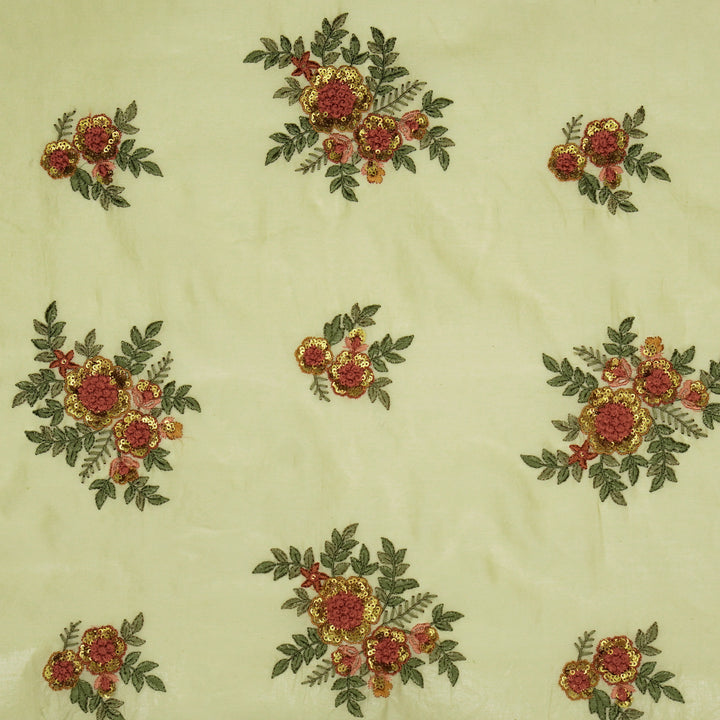 Pushti Buta on Cream Luxe Silk Chanderi Embroidered Fabric