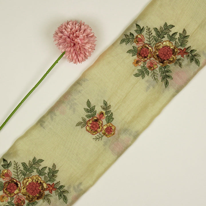 Pushti Buta on Cream Luxe Silk Chanderi Embroidered Fabric