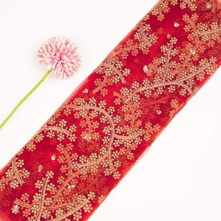 Pahal Jaal on Red Net Embroidered Fabric