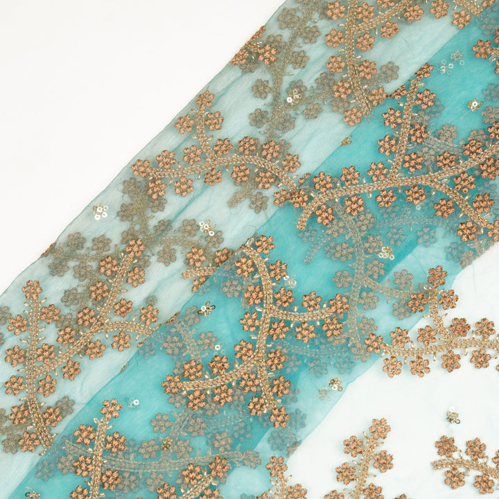 Pahal Jaal on Turquoise Net Embroidered Fabric