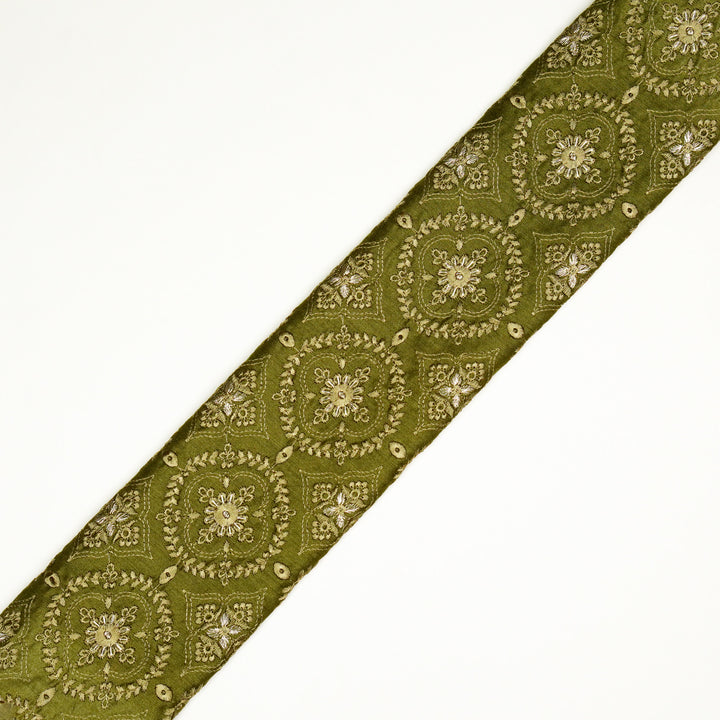 Vajra Jaal on Olive Munga Silk Embroidered Fabric