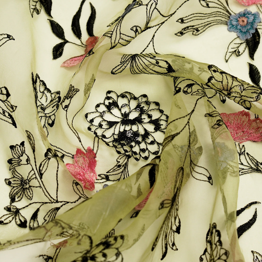 Layla Jaal on Lemon Silk Organza Embroidered Fabric