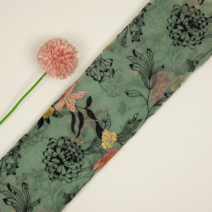 Layla Jaal on Teal Silk Organza Embroidered Fabric