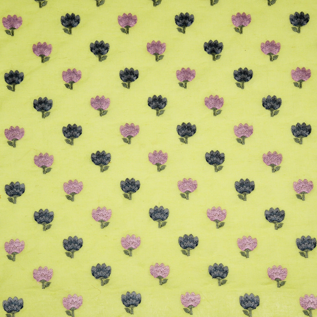 Ruhiya Buti on Bright Yellow Cotton Linen Embroidered Fabric