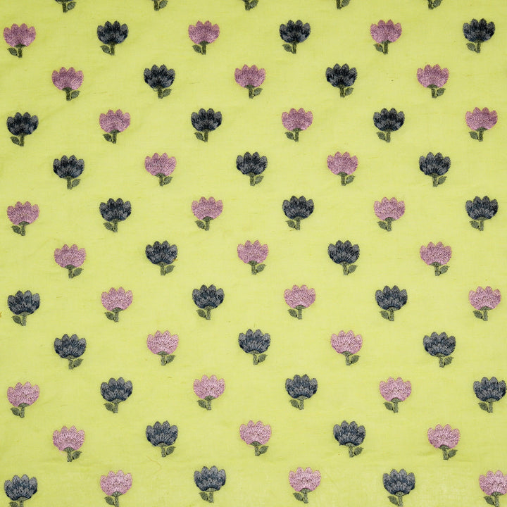 Ruhiya Buti on Bright Yellow Cotton Linen Embroidered Fabric