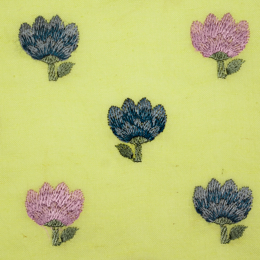 Ruhiya Buti on Bright Yellow Cotton Linen Embroidered Fabric