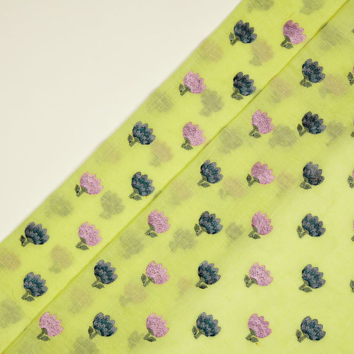 Ruhiya Buti on Bright Yellow Cotton Linen Embroidered Fabric