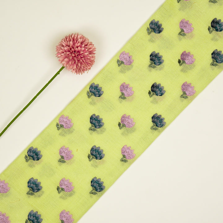 Ruhiya Buti on Bright Yellow Cotton Linen Embroidered Fabric