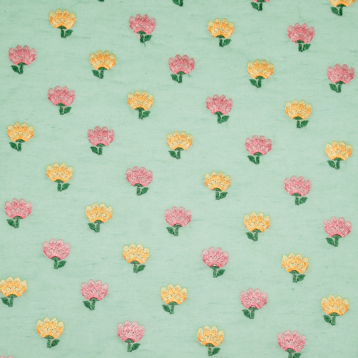 Ruhiya Buti on Light Turquiose Cotton Linen Embroidered Fabric