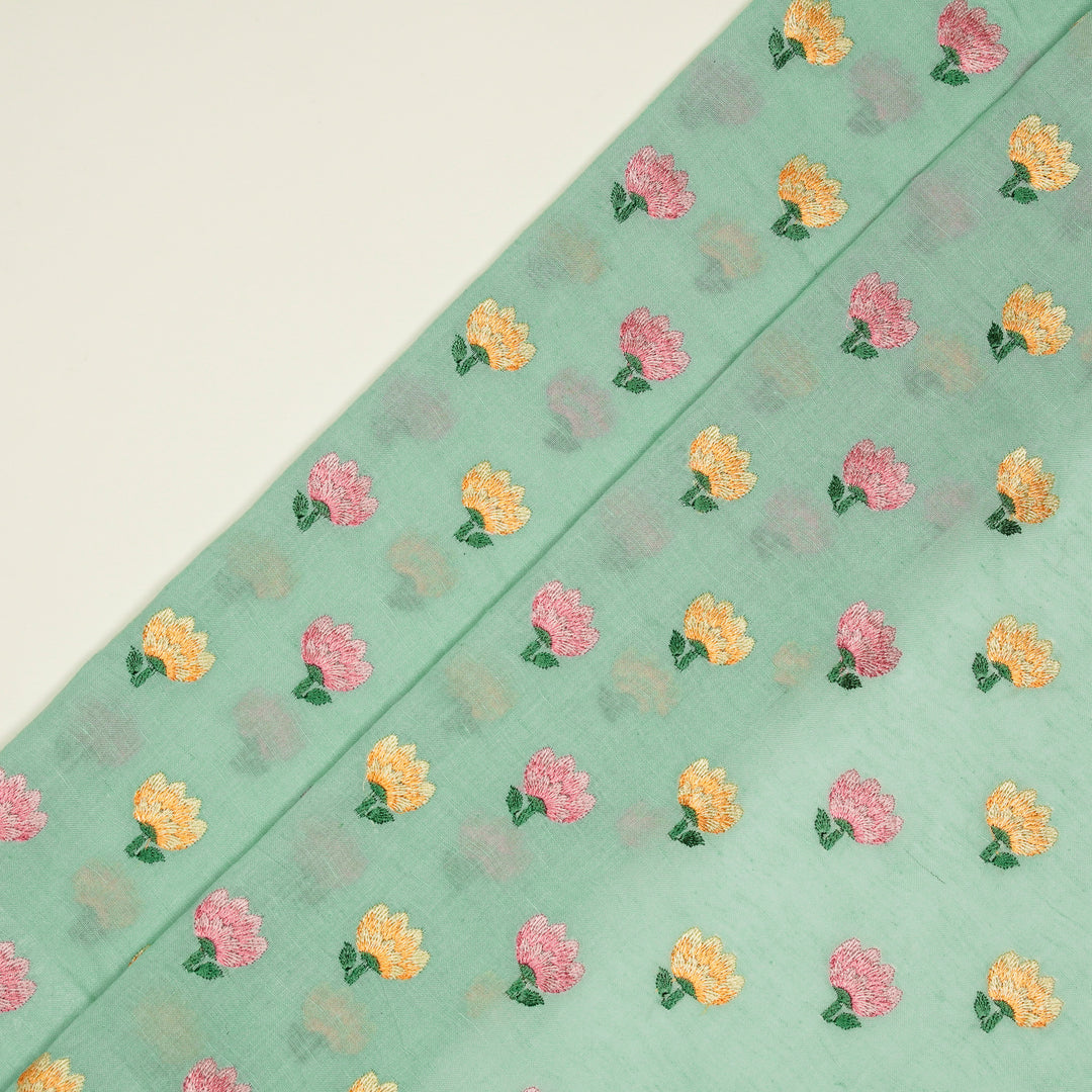 Ruhiya Buti on Light Turquiose Cotton Linen Embroidered Fabric