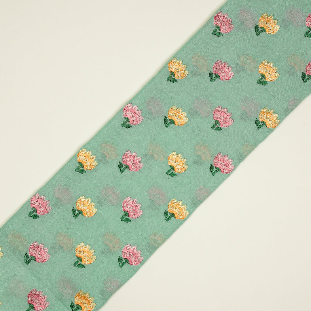 Ruhiya Buti on Light Turquiose Cotton Linen Embroidered Fabric