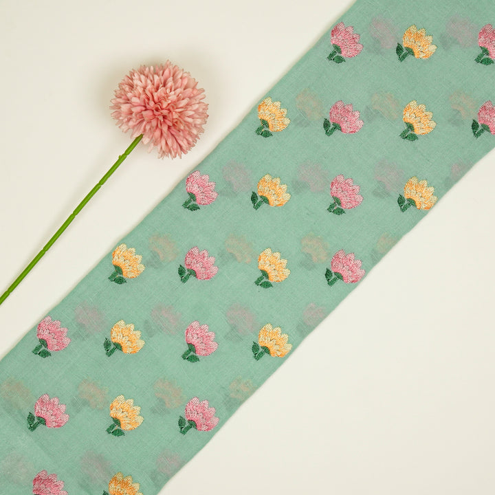 Ruhiya Buti on Light Turquiose Cotton Linen Embroidered Fabric