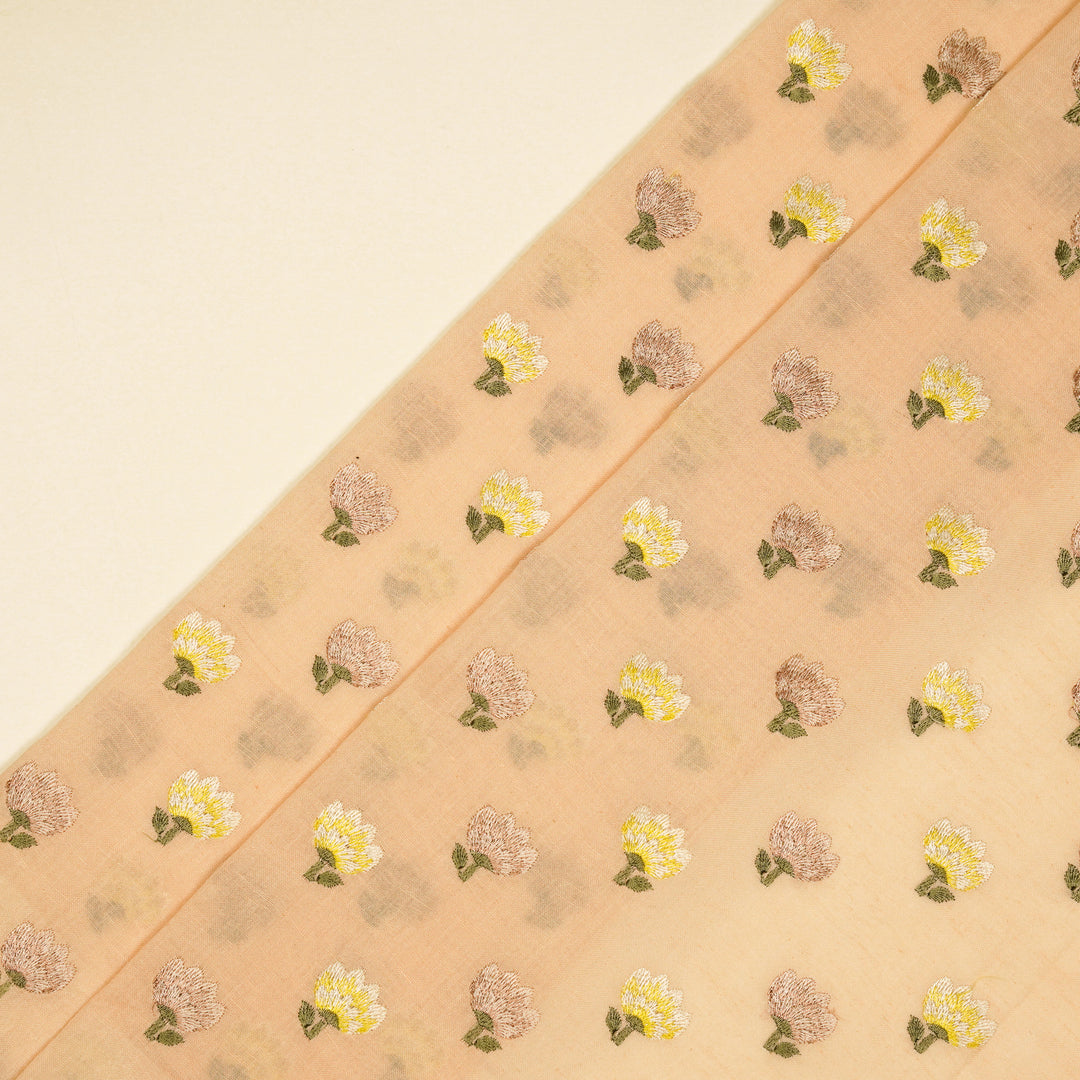 Ruhiya Buti on Peach Cotton Linen Embroidered Fabric