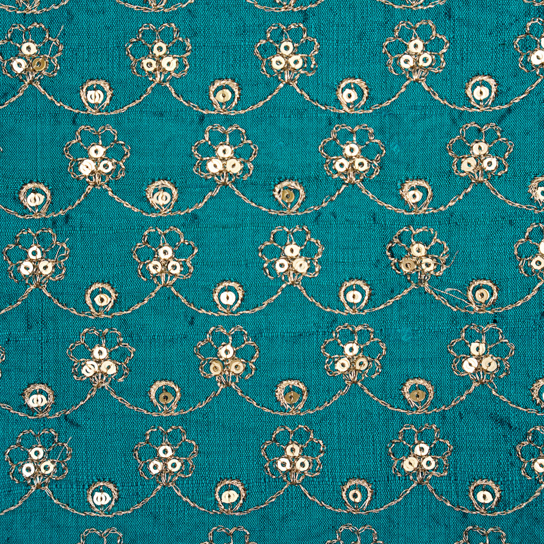 Varnika Jaal on Peacock Blue Raw Silk Embroidered Fabric