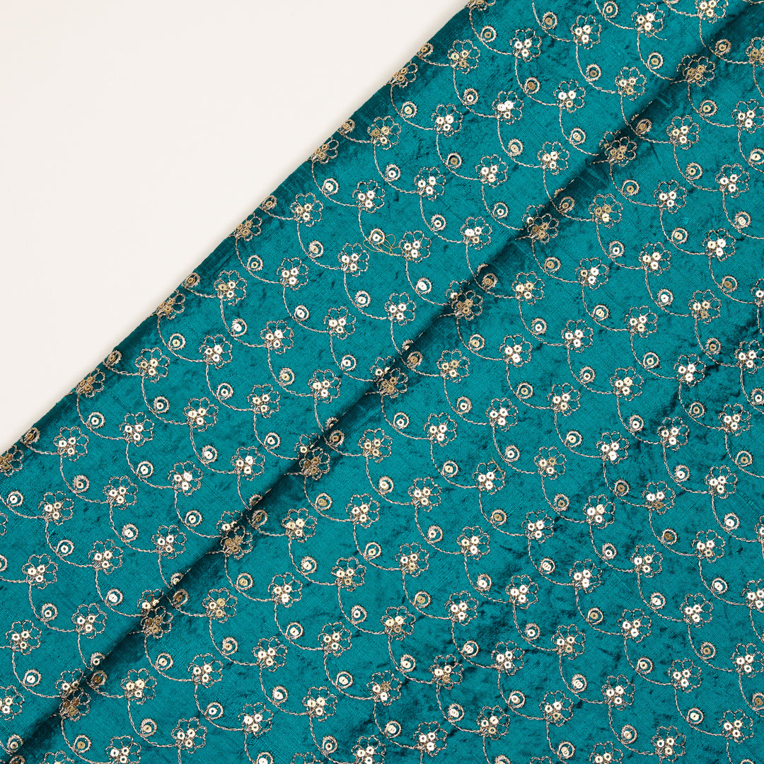 Varnika Jaal on Peacock Blue Raw Silk Embroidered Fabric