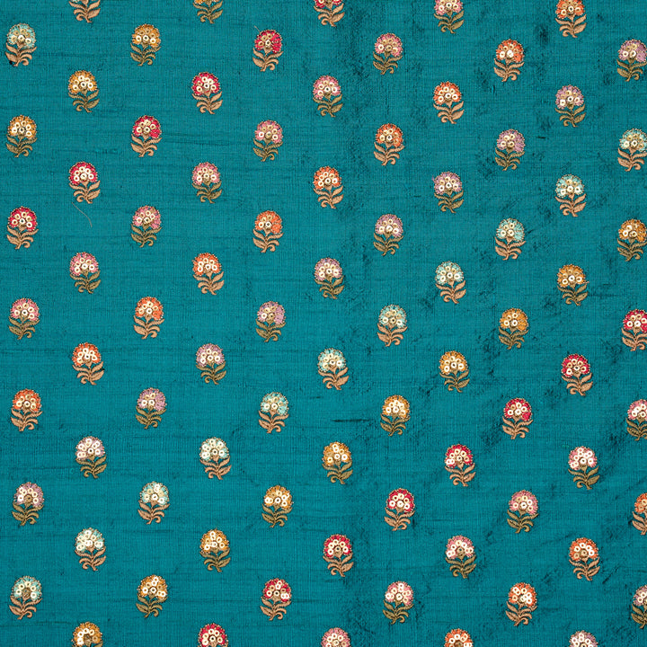 Gulfi Buti on Peacock Blue Raw Silk Embroidered Fabric