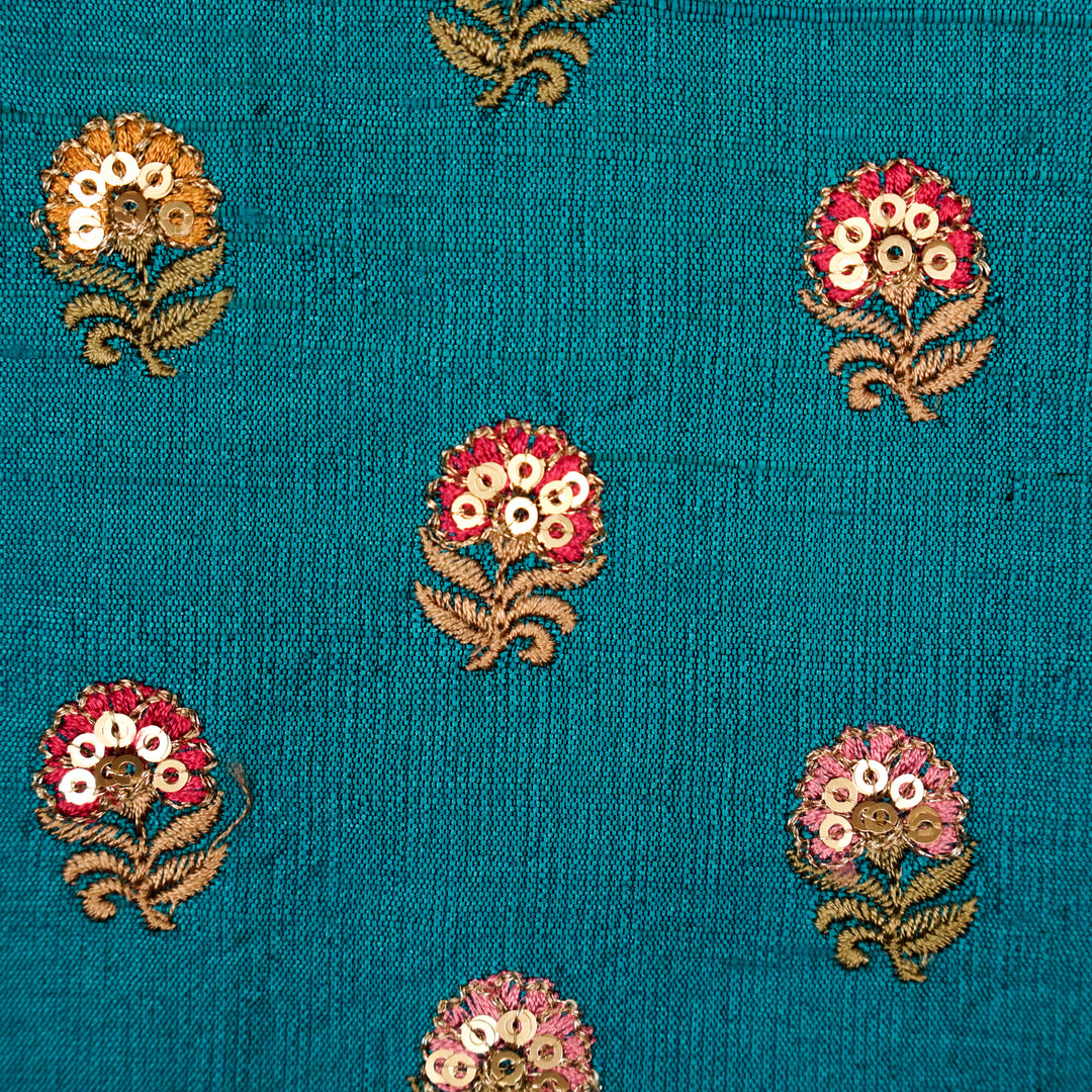 Gulfi Buti on Peacock Blue Raw Silk Embroidered Fabric
