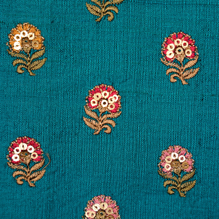 Gulfi Buti on Peacock Blue Raw Silk Embroidered Fabric