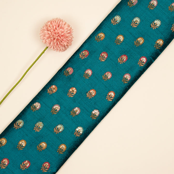 Gulfi Buti on Peacock Blue Raw Silk Embroidered Fabric