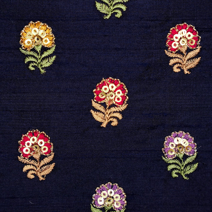 Gulfi Buti on Navy Blue Raw Silk Embroidered Fabric