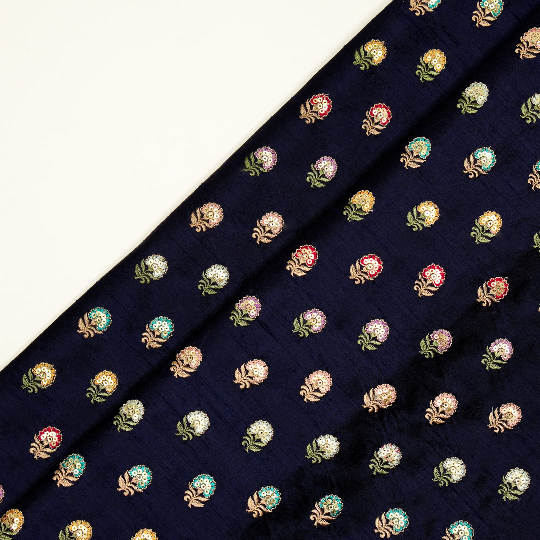 Gulfi Buti on Navy Blue Raw Silk Embroidered Fabric