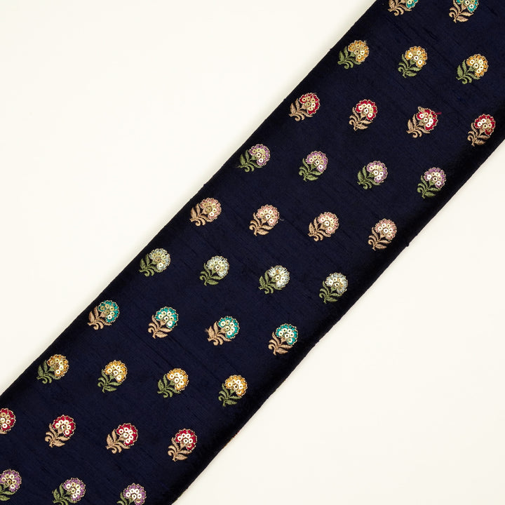 Gulfi Buti on Navy Blue Raw Silk Embroidered Fabric