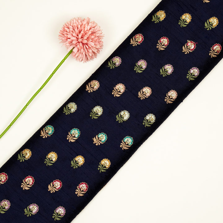 Gulfi Buti on Navy Blue Raw Silk Embroidered Fabric