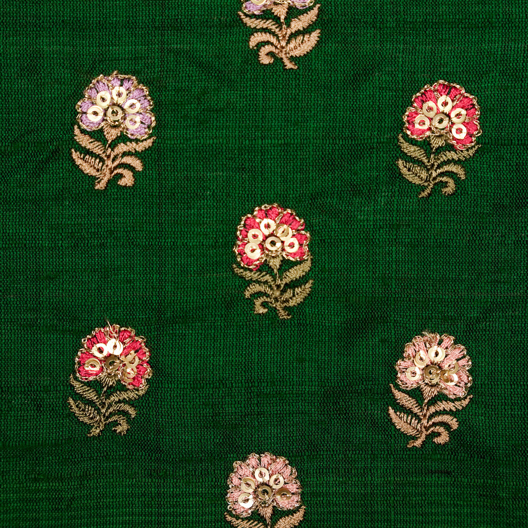 Gulfi Buti on Leaf Green Raw Silk Embroidered Fabric