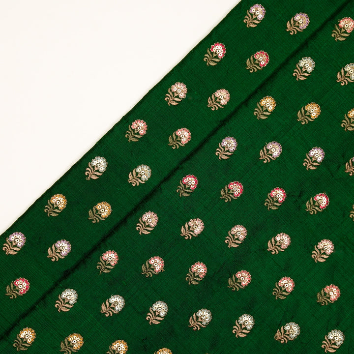 Gulfi Buti on Leaf Green Raw Silk Embroidered Fabric
