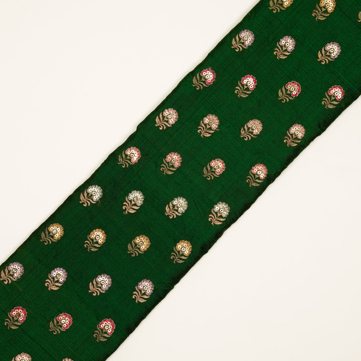 Gulfi Buti on Leaf Green Raw Silk Embroidered Fabric