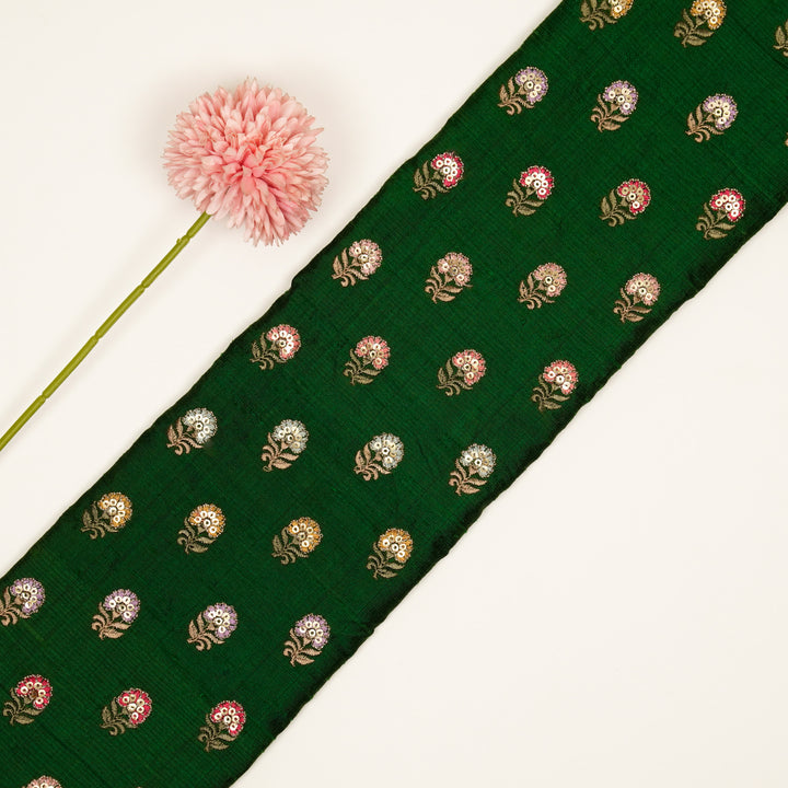 Gulfi Buti on Leaf Green Raw Silk Embroidered Fabric