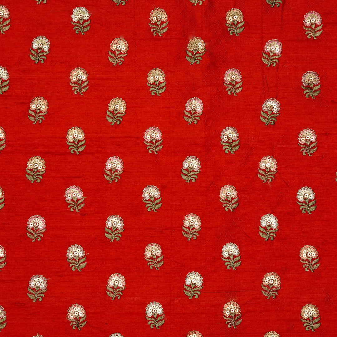 Gulfi Buti on Red Raw Silk Embroidered Fabric