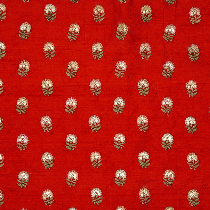 Gulfi Buti on Red Raw Silk Embroidered Fabric
